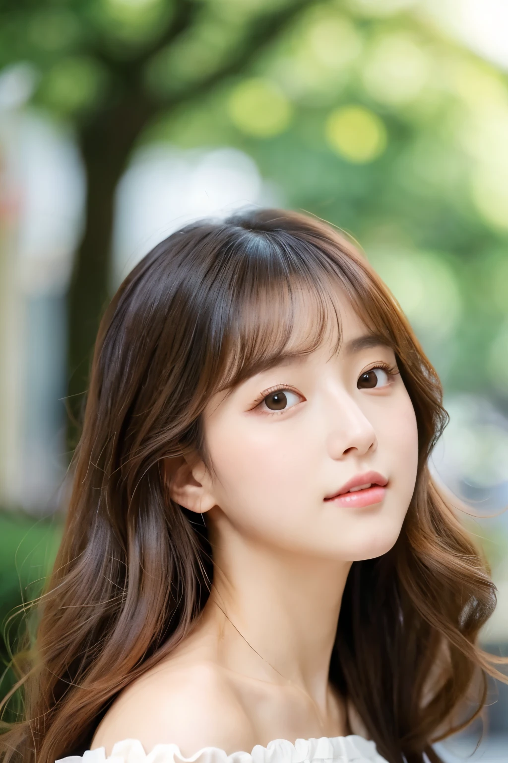 The location is Omotesando、Korean、elegant、elegant、Girl with long curly hair、turn、Off-shoulder、The face is beautiful、Big round eyes、Sunlight、Round Face、Wide Double Width、Crispy double layer、With bangs、Brown eyes、short nose、