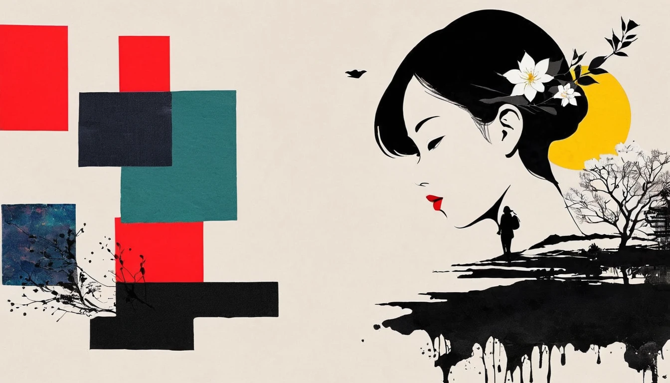 Montage Art Creation。Minimalism,ink,Paper Cut Collage