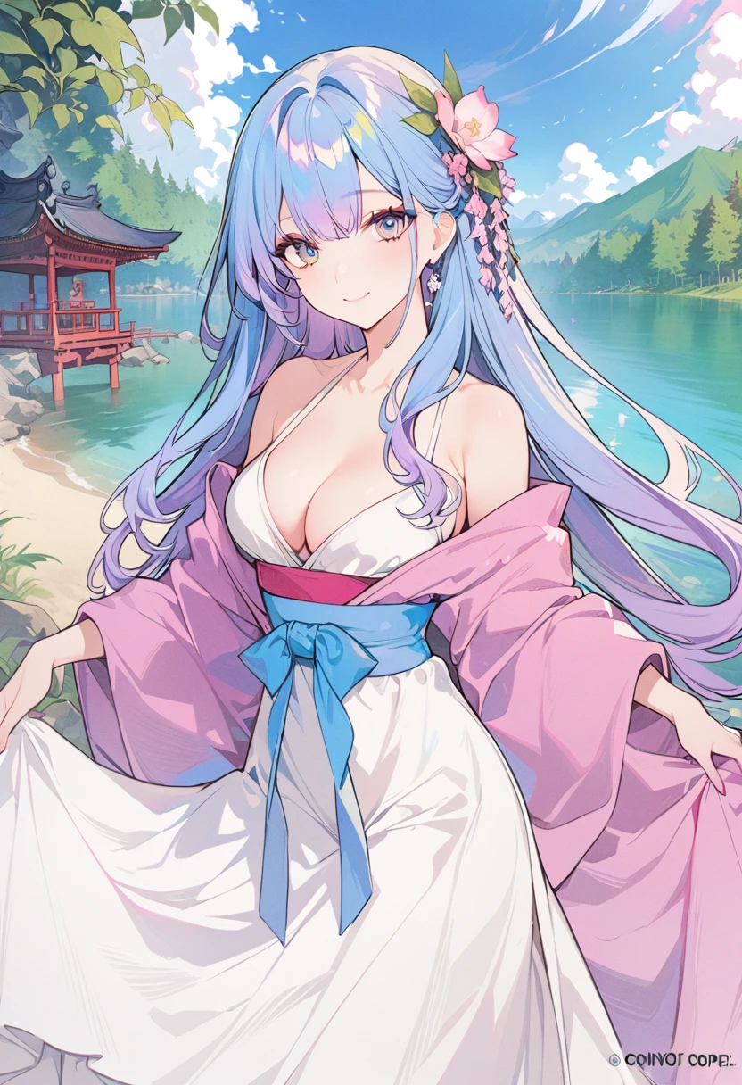 The most beautiful girl in the world,Character portrait,masterpiece, best quality, Official Art, 8k wallpaper, Very detailed, illustration, 1 girl, Sky blue hair, Long hair, Delicate eyes, Forrest Gump, Bare shoulders, Hanfu, lake, pure, Gentle smile, 