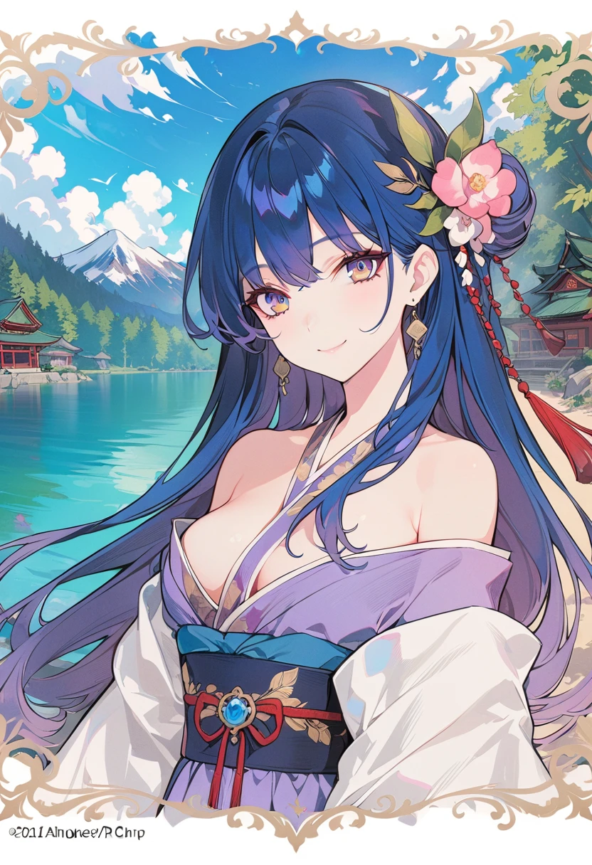 The most beautiful girl in the world,Character portrait,masterpiece, best quality, Official Art, 8k wallpaper, Very detailed, illustration, 1 girl, Sky blue hair, Long hair, Delicate eyes, Forrest Gump, Bare shoulders, Hanfu, lake, pure, Gentle smile, 