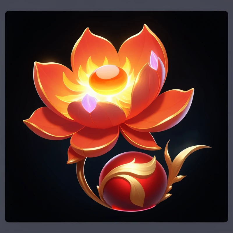 There is a red flower，There is a goldfish inside, Glowing delicate flowers, Programming art, Holy Flame Crown Spell, Artifact dota2, Programming, Magic spell icon, Programming painting, Has a blooming and ethereal effect, Programming concept art, lotus, Game Icon Assets, game icon Programming, holy fire spell art, holy fire spell art