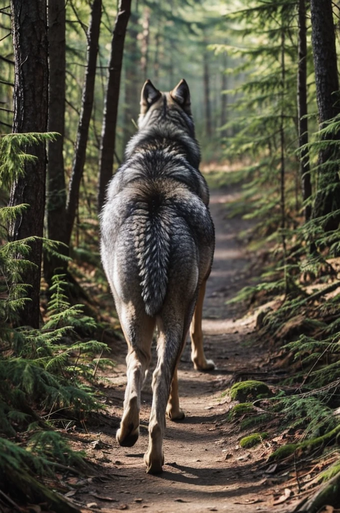 The gray wolf walked with its back into the forest.