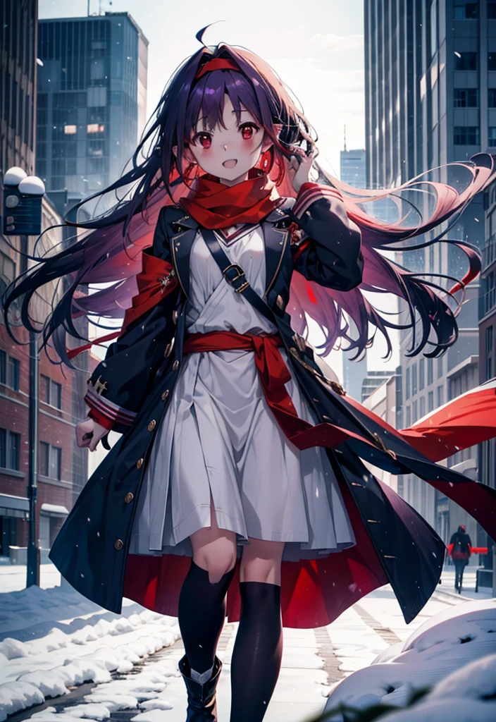 yuukikonno, Yuki Konno, hair band, Long Hair, Pointed Ears, Purple Hair, (Red eyes:1.5), (Small breasts:1.2),blush, smile,Open your mouth,white breath,Red Scarf,Purple long coat,sweater,Long skirt,Black Pantyhose,short boots,Snow is piling up,that'it's snowing,whole bodyがイラスト入るように,Walking,evening,sunset,
break outdoors, construction area,
break looking at viewer, whole body,
break (masterpiece:1.2), Highest quality, High resolution, unity 8k wallpaper, (shape:0.8), (Beautiful attention to detail:1.6), Highly detailed face, Perfect lighting, Extremely detailed CG, (Perfect hands, Perfect Anatomy),