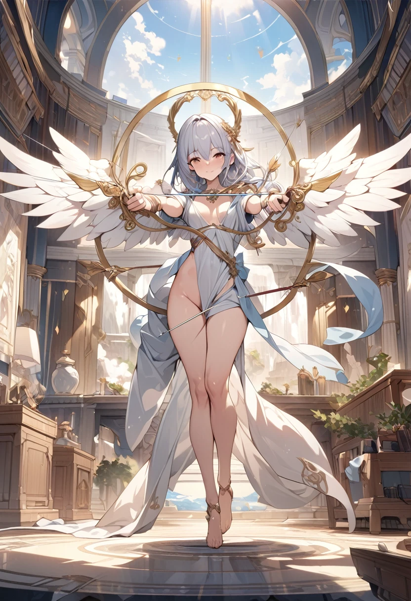 ((Masterpiece, top quality, high resolution)), ((highly detailed CG unified 8K wallpaper)), Cupid holding a bow, arrow tip shaped like a heart, aiming at viewer, full body, fluttering thin robe wrapped around body, angel wings, angel ring, a scene from Greek mythology,