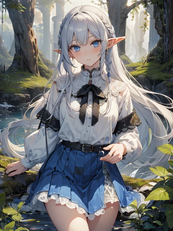 masterpiece, Highest品質, Very detailed, 16K, Ultra-high resolution、Cowboy Shot, 1 Elf girl, Detailed face、Perfect Fingers, Elf Ears, Small breasts, blue eyes, Silver Hair, Braiding, White blouse, sweater, Highest, (Checkered lace skirt:1.4), in the forest, stream, Stand on the banks of the river