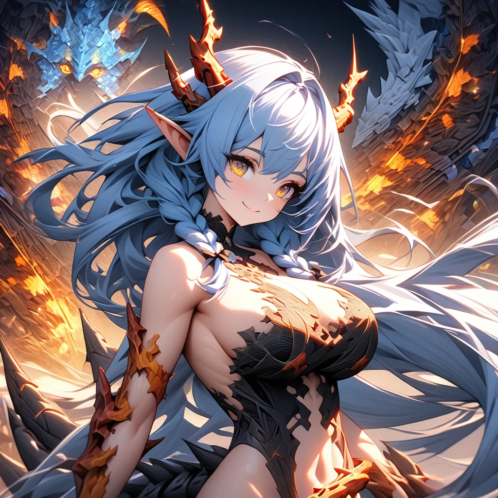 1girl,Solo,(underwater:1.2),swimming,Lava Girl,lava,the magma,Lava splash,(eruption),spiky_Ears,Piercing,Small chest, The tattoo,hair messy,Long hair,Silver hair,Black cloak,cloak with hood,(demon tail:1.1),blue_eyes