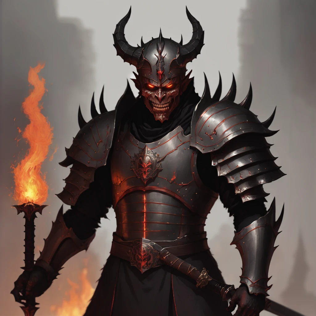 Develop a male demon prince with dark armor and a burning sword