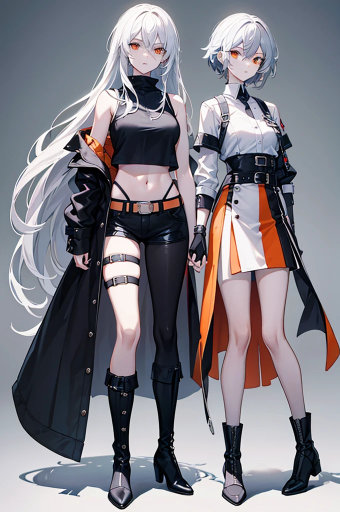 Hair**: The character has long, light gray hair, styled in a messy manner with sharp, pointed strands. There are shorter locks in the front that frame the face.
- **Eyes**: Its eyes are large and orange in color, giving an expressive look.
- **Clothes** : 
  - **Top**: The character wears a cut black top, revealing part of the stomach.
  - **Bottoms**: She wears dark blue shorts with a black belt.
  - **Accessories**: She has black gloves and white bands around her forearms. There are also orange details on his shoulders.
- **Shoes**: She wears black boots that go up to below the knees with white stripes on the top of the boots.

The clothing style and colors used give the character a modern and dynamic appearance.
Commentaires
