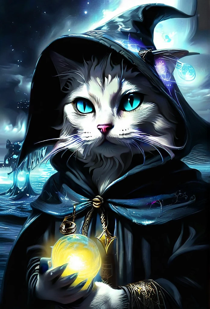 ((Wizard Cat, Hooded Wizard Clothes, Magic効果, amazing:1.5)), Until then:1.4, (masterpiece),(Highest quality:1.0), (Ultra-high resolution:1.0), Detailed painting, Complex, water scenery, (( Magic, beautiful, From another world:1.4 )), (( Highest quality, Vibrant, 32k ,Clearly defined light and shadow)). No text:1.3.、I'm wearing headphones