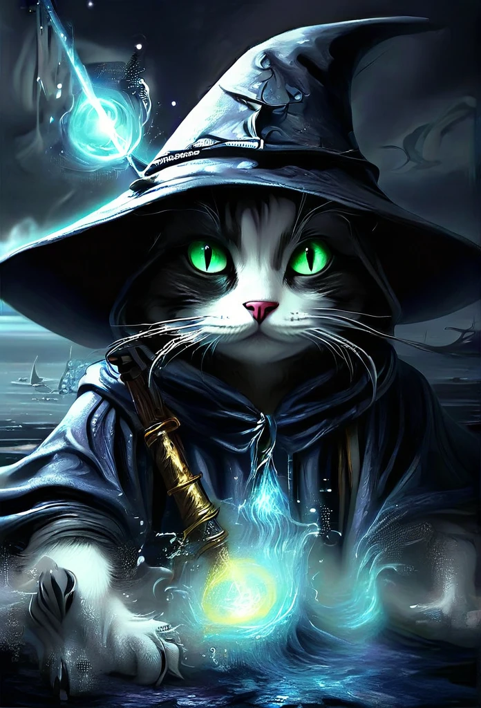 ((Wizard Cat, Hooded Wizard Clothes, Magic効果, amazing:1.5)), Until then:1.4, (masterpiece),(Highest quality:1.0), (Ultra-high resolution:1.0), Detailed painting, Complex, water scenery, (( Magic, beautiful, From another world:1.4 )), (( Highest quality, Vibrant, 32k ,Clearly defined light and shadow)). No text:1.3.、I'm wearing headphones