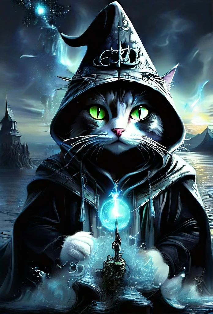 ((Wizard Cat, Hooded Wizard Clothes, Magic効果, amazing:1.5)), Until then:1.4, (masterpiece),(Highest quality:1.0), (Ultra-high resolution:1.0), Detailed painting, Complex, water scenery, (( Magic, beautiful, From another world:1.4 )), (( Highest quality, Vibrant, 32k ,Clearly defined light and shadow)). No text:1.3.、I'm wearing headphones