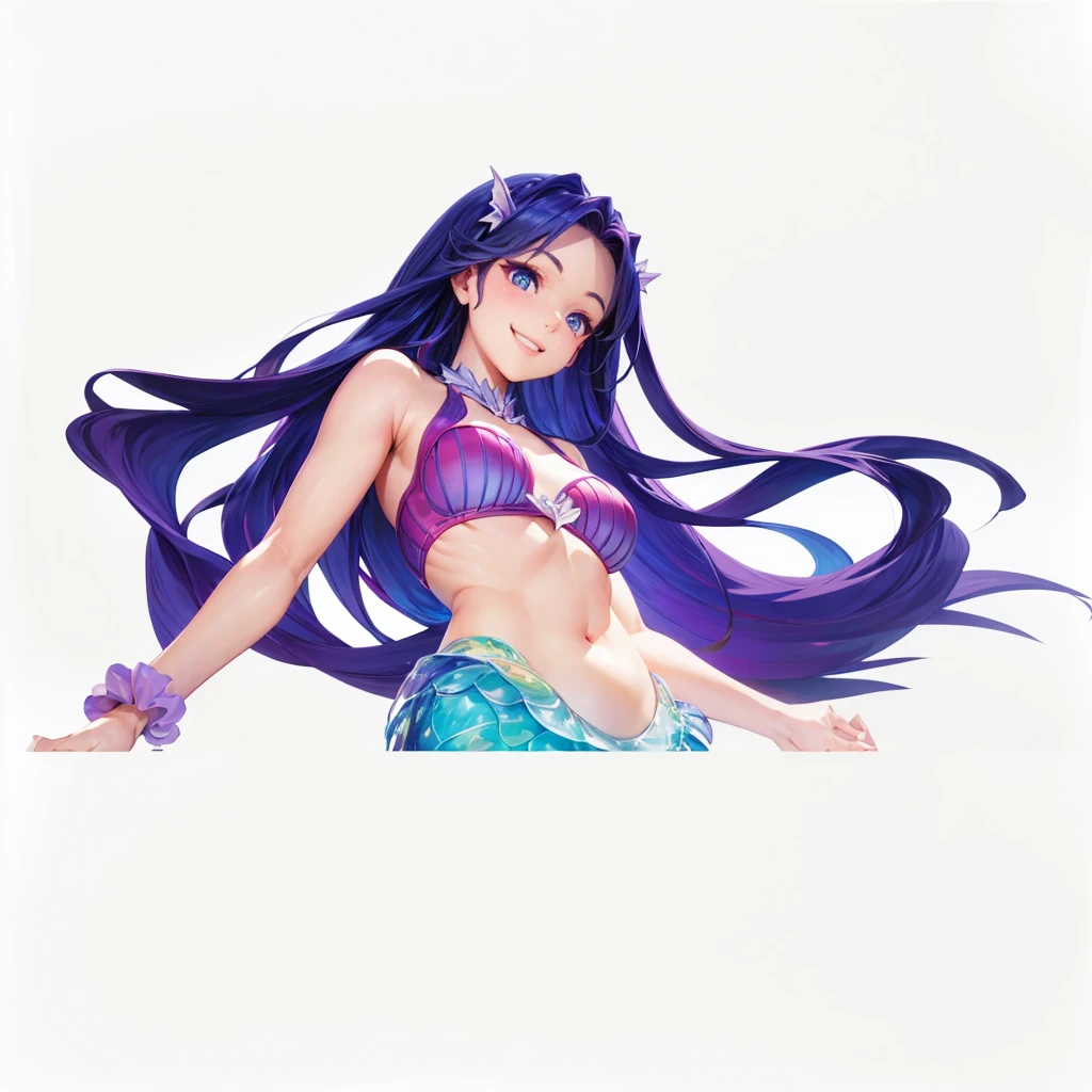 Digital art baby chibi style,masterpiece, best quality:1.2), 1 Girl,Pretty Face, Smile, Looking at the audience, Purple long hair,Pink swimsuit, , blue eyes, Mermaid, multicolored Mermaid tail, Lying on the beach, Fin ears, Head fin, shell, orchid