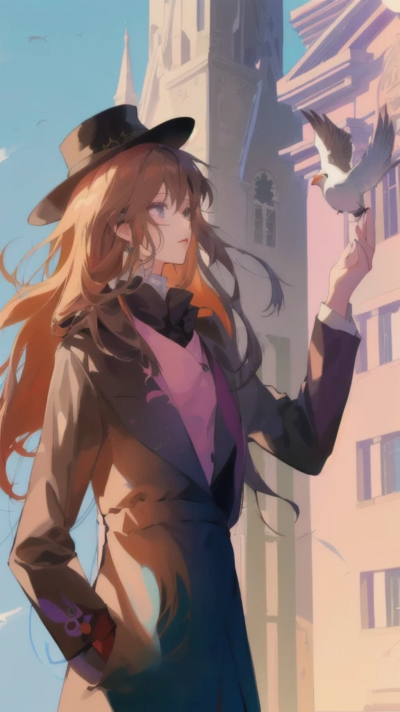 anime girl in a hat and coat holding a bird in her hand, zerochan art, by Kamagurka, marin kitagawa fanart, made with anime painter studio, inspired by Taiyō Matsumoto, painted in anime painter studio, delicate androgynous prince, artwork in the style of guweiz, from cryptid academia, zerochan