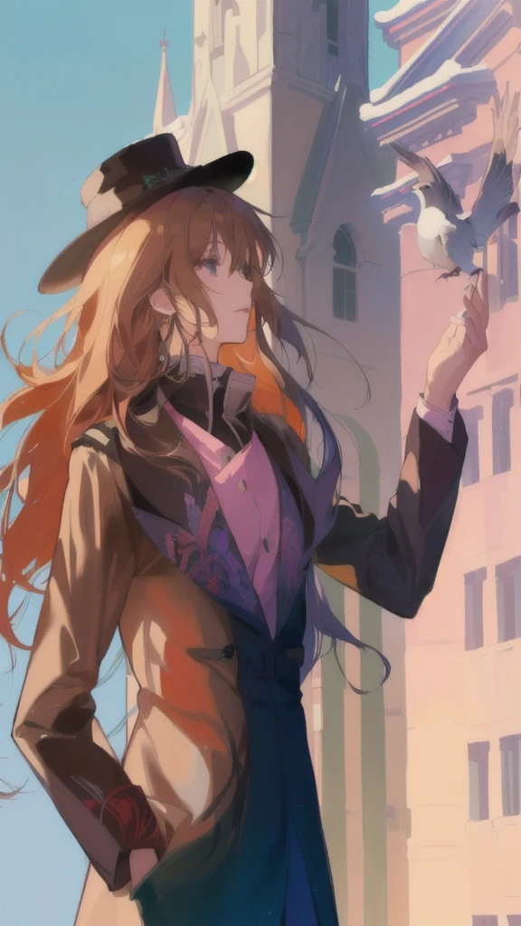 anime girl in a hat and coat holding a bird in her hand, zerochan art, by Kamagurka, marin kitagawa fanart, made with anime painter studio, inspired by Taiyō Matsumoto, painted in anime painter studio, delicate androgynous prince, artwork in the style of guweiz, from cryptid academia, zerochan