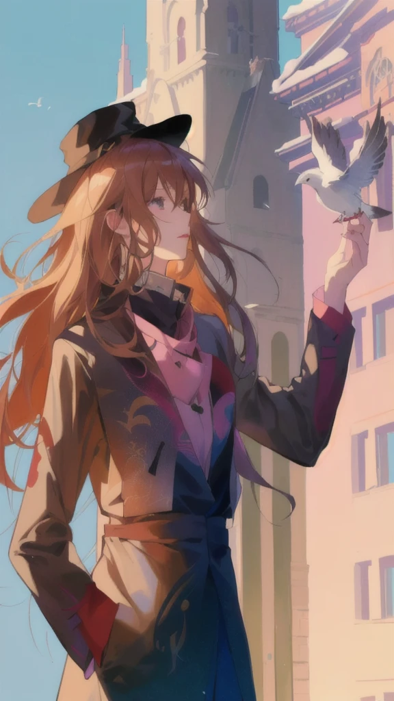 anime girl in a hat and coat holding a bird in her hand, zerochan art, by Kamagurka, marin kitagawa fanart, made with anime painter studio, inspired by Taiyō Matsumoto, painted in anime painter studio, delicate androgynous prince, artwork in the style of guweiz, from cryptid academia, zerochan