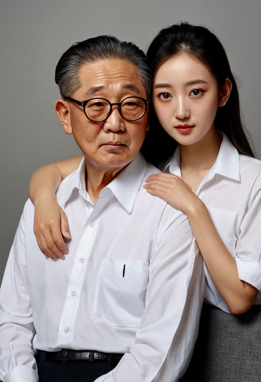 there is a woman in a white shirt and a man in a white shirt, a hyperrealistic painting by Kogan Gengei, tumblr, hyperrealism, sie boob, hahaha!', kim jung giu, dilraba dilmurat, wholesome, an oldman, realistic!!, hyper realism!!, funny art, leaked image, yan gisuka