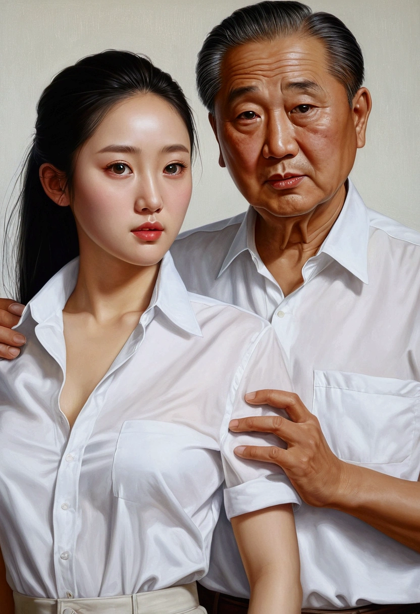there is a woman in a white shirt and a man in a white shirt, a hyperrealistic painting by Kogan Gengei, tumblr, hyperrealism, sie boob, hahaha!', kim jung giu, dilraba dilmurat, wholesome, an oldman, realistic!!, hyper realism!!, funny art, leaked image, yan gisuka