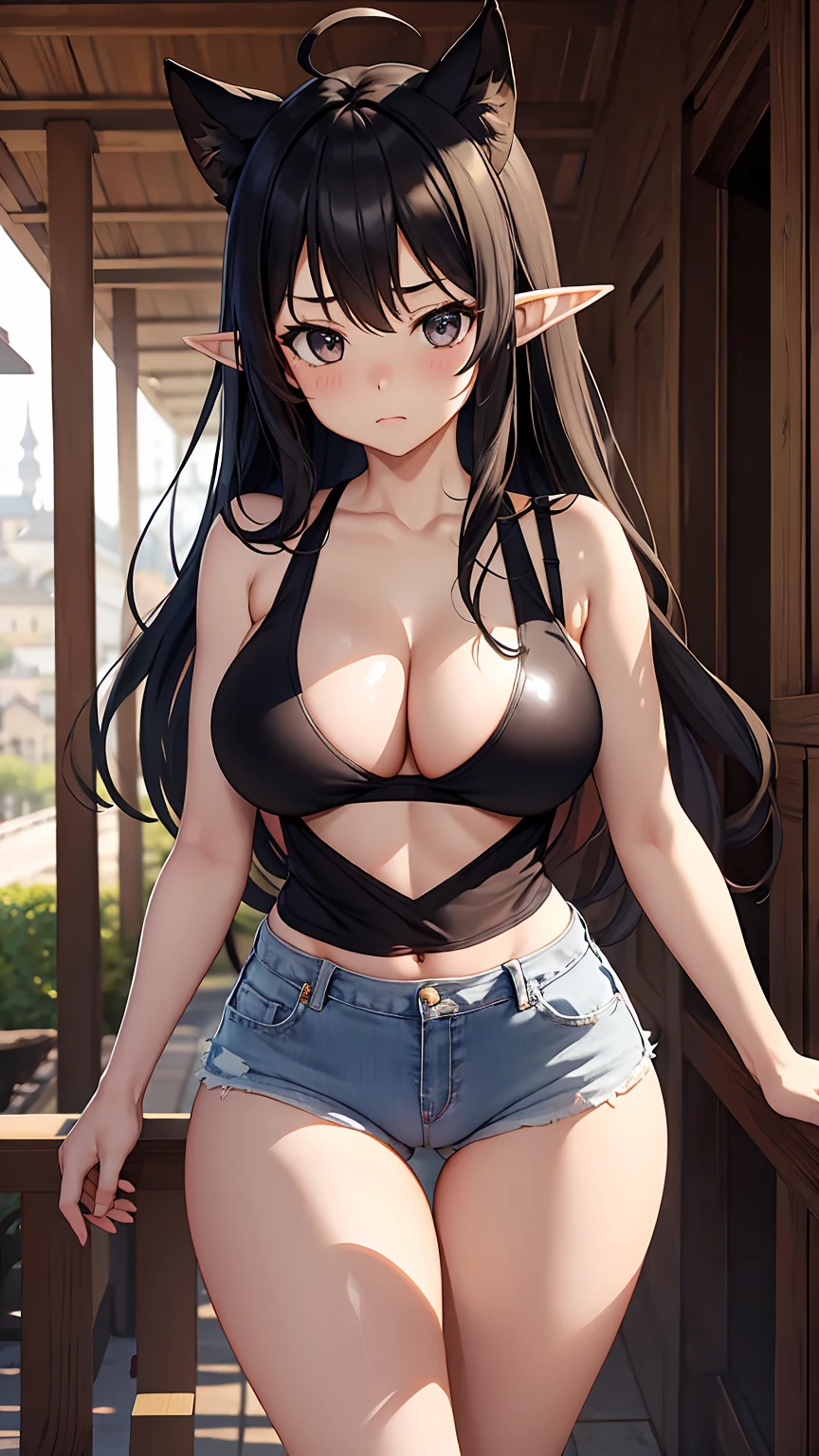 1girl, anime girl, anime, elf girl, 2d girl, 16y, (fullbody), standing, anime elf girl, Elf ears, black eyes, closed mouth, (ahoge, long hair, black hair), ((black latex tank top, cleavage, areolae, areola, areola exposed)), Solo, Slim, medium breasts, medium ,medium Breasts, sfw, Tight Shorts, low waist shorts, upshorts, medieval city background, stars in the sky, looking at viewer, darker shadows, (((explicit))), (((shorts))), (((absurdres))), (((thigh gap))), cameltoe, (((cameltoe))), (((cleft of venus))), (((lowleg shorts))),