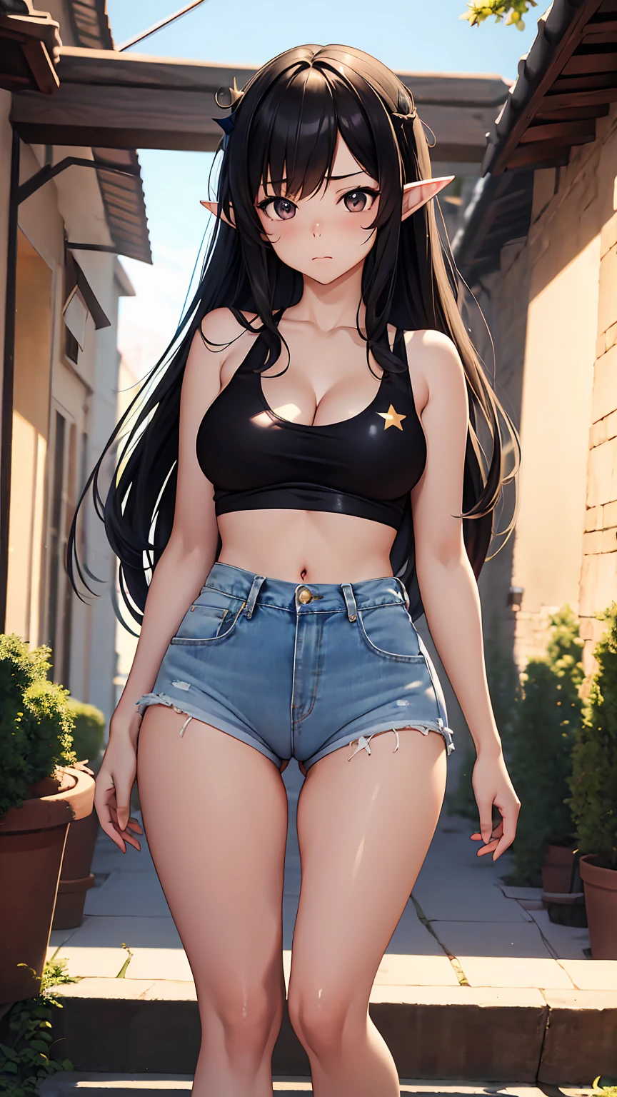 1girl, anime girl, anime, elf girl, 2d girl, 16y, (fullbody), standing, anime elf girl, Elf ears, black eyes, closed mouth, (ahoge, long hair, black hair), ((black latex tank top, cleavage, areolae, areola, areola exposed)), Solo, Slim, medium breasts, medium ,medium Breasts, sfw, Tight Shorts, low waist shorts, upshorts, medieval city background, stars in the sky, looking at viewer, darker shadows, (((explicit))), (((shorts))), (((absurdres))), (((thigh gap))), cameltoe, (((cameltoe))), (((cleft of venus))), (((lowleg shorts))),