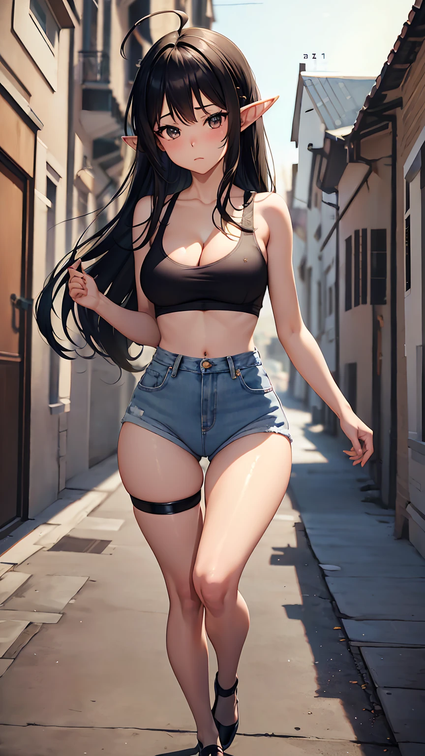 1girl, anime girl, anime, elf girl, 2d girl, 16y, (fullbody), standing, anime elf girl, Elf ears, black eyes, closed mouth, (ahoge, long hair, black hair), ((black latex tank top, cleavage, areolae, areola, areola exposed)), Solo, Slim, medium breasts, medium ,medium Breasts, sfw, Tight Shorts, low waist shorts, upshorts, medieval city background, stars in the sky, looking at viewer, darker shadows, (((explicit))), (((shorts))), (((absurdres))), (((thigh gap))), cameltoe, (((cameltoe))), (((cleft of venus))), (((lowleg shorts))),