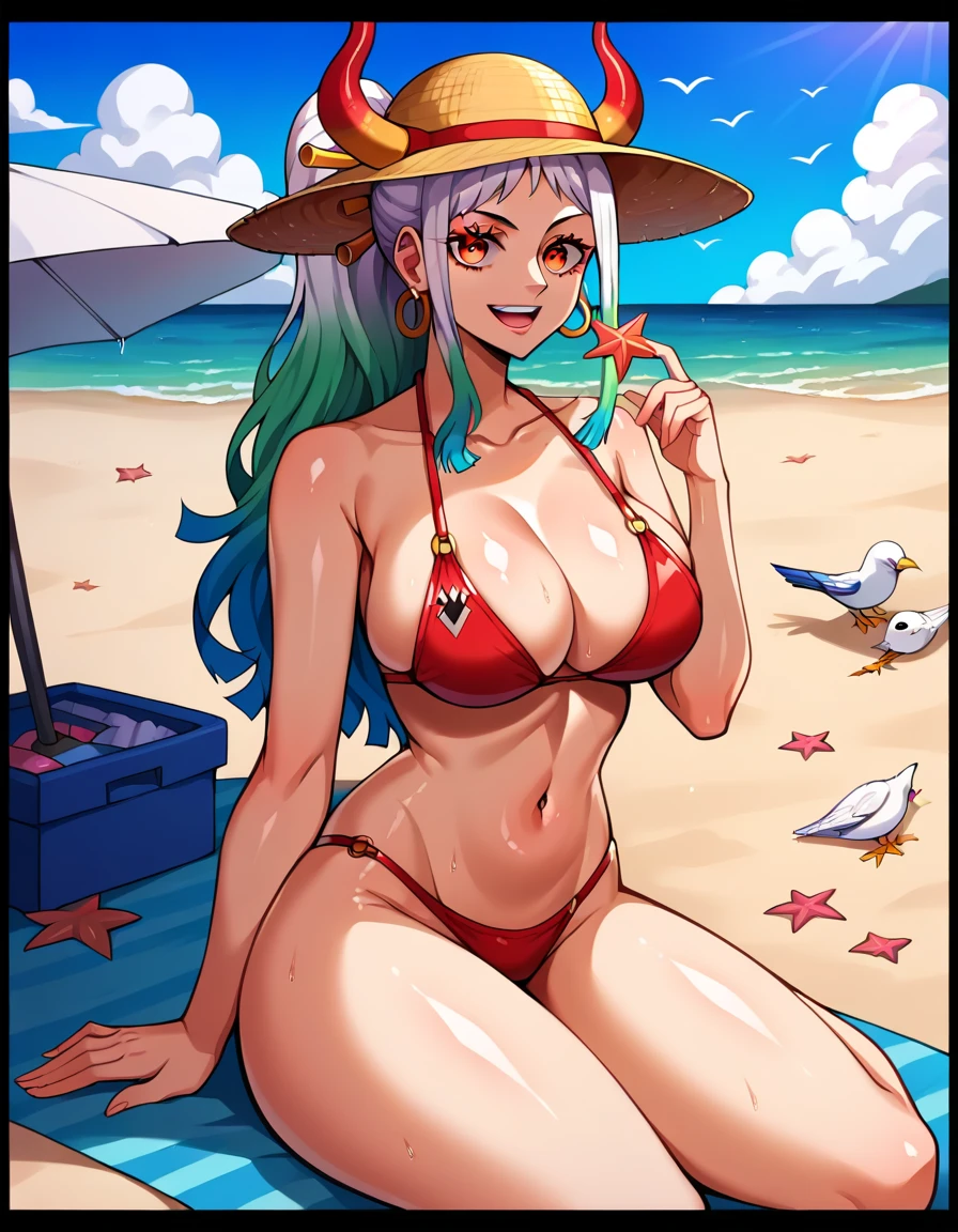 score_9,score_8_up,score_7_up,score_6_up, yamato \(one piece\), 1girl, solo, multicolored hair, jewelry, earrings, hair ornament, curled horns, long hair, oni, smile, rope, breasts, hair stick, blur background, open mouth, hoop earrings, bare shoulders, simple background, ponytail, masterpiece, best quality, highres, extremely detailed face, highly detailed eyelash, highly detailed eyes, sharp details, high contrast, (shiny skin:1.2), beautiful fingers, elegant, elegant face, sexy body, large breasts, perfect round breast, beach umbrella, bikini, bird, black border, breasts, cloud, day, dove, hat, letterboxed, looking at viewer, navel, ocean,official alternate costume, outdoors, pillarboxed, sand, seagull, sitting, sky, smile, solo, starfish, sun hat, swimsuit, blur background, water, watercraft, wet, white,