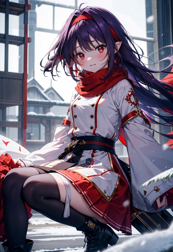 yuukikonno, Yuki Konno, hair band, Long Hair, Pointed Ears, Purple Hair, (Red eyes:1.5), (Small breasts:1.2),blush, smile,Open your mouth,white breath,Red Scarf,Purple long coat,sweater,Long skirt,Black Pantyhose,short boots,Snow is piling up,that'it's snowing,whole bodyがイラスト入るように,Walking,evening,sunset,
break outdoors, construction area,
break looking at viewer, whole body,
break (masterpiece:1.2), Highest quality, High resolution, unity 8k wallpaper, (shape:0.8), (Beautiful attention to detail:1.6), Highly detailed face, Perfect lighting, Extremely detailed CG, (Perfect hands, Perfect Anatomy),