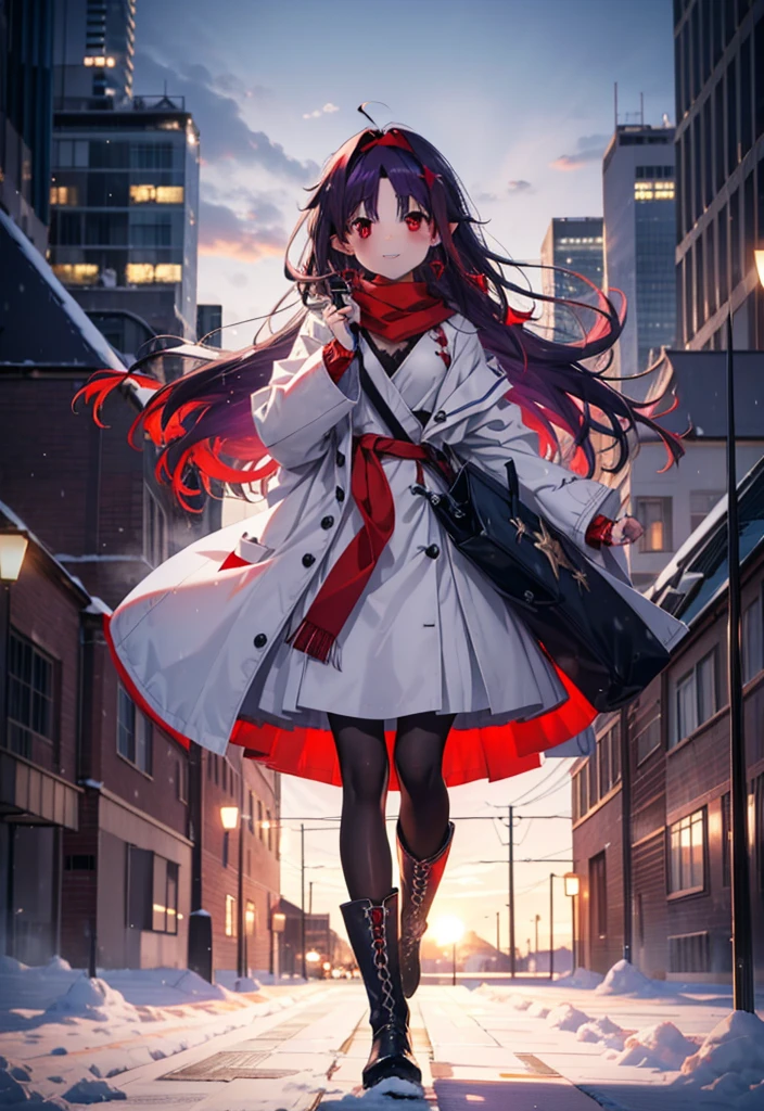 yuukikonno, Yuki Konno, hair band, Long Hair, Pointed Ears, Purple Hair, (Red eyes:1.5), (Small breasts:1.2),blush, smile,Open your mouth,white breath,Red Scarf,Purple long coat,sweater,Long skirt,Black Pantyhose,short boots,Snow is piling up,that&#39;it&#39;s snowing,whole bodyがイラスト入るように,Walking,evening,sunset,
break outdoors, construction area,
break looking at viewer, whole body,
break (masterpiece:1.2), Highest quality, High resolution, unity 8k wallpaper, (shape:0.8), (Beautiful attention to detail:1.6), Highly detailed face, Perfect lighting, Extremely detailed CG, (Perfect hands, Perfect Anatomy),