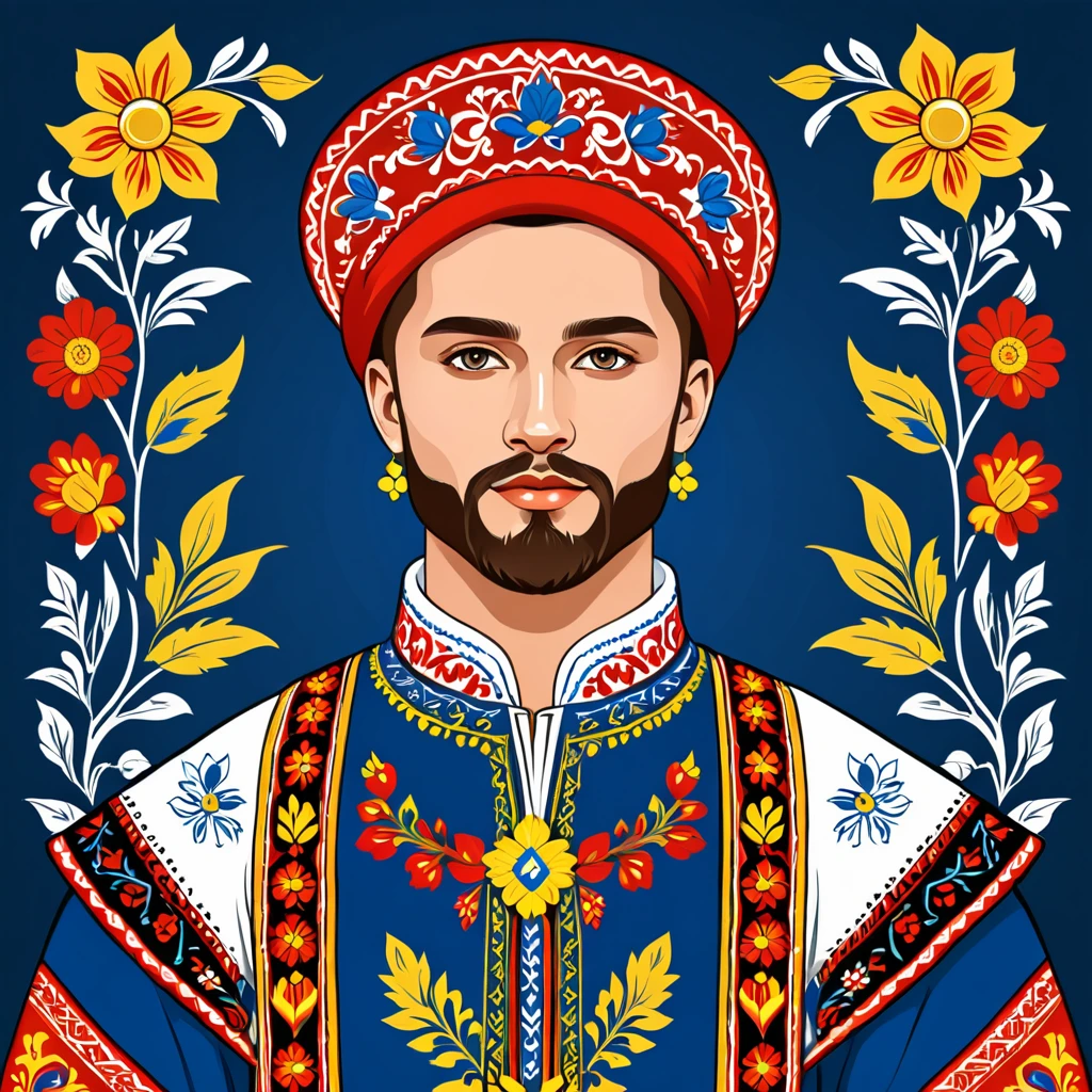 man in ukranian folk outfit, vector graphics, strong contours
