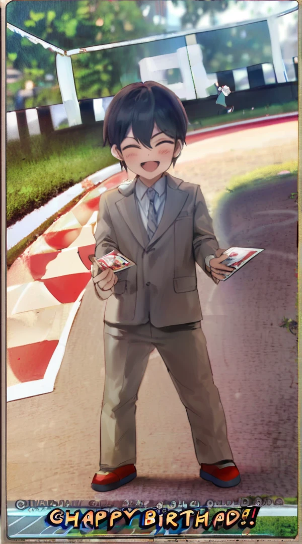 Little boy holding a plate of food in front of the playground, Champion of dribbling competition, 彩色photo, Nam Jae-yeon, Front game card, , photo, SSR Card, on a racetrack, Trading Cards, Happy birthday, very excited, Tickets, Happy children, Have a great time, Go-Kart Grass Playground