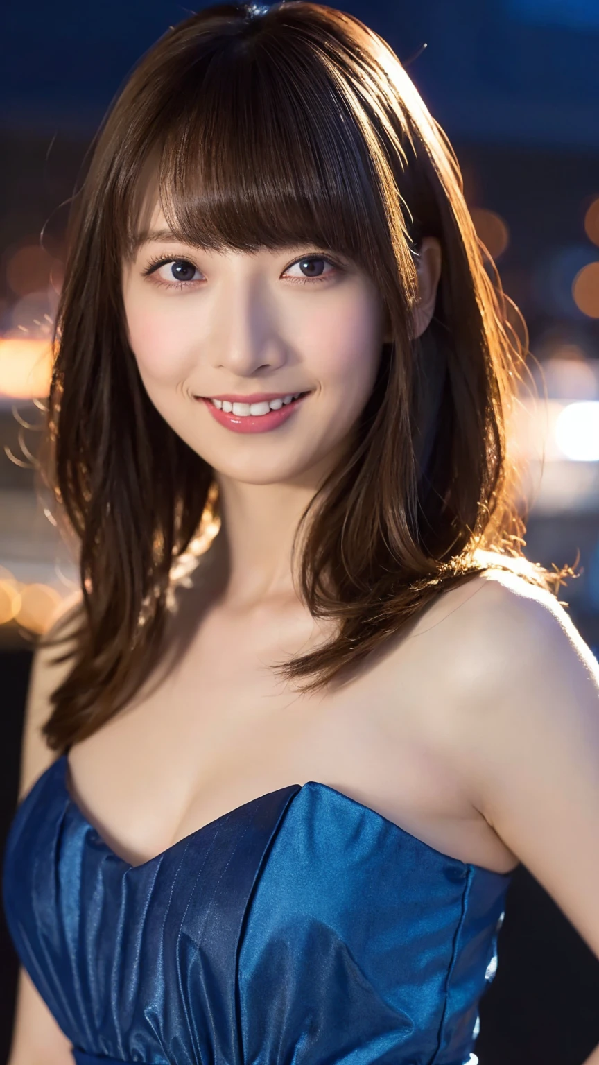 1girl,(wearing a blue evening dress:1.2),(RAW photo, best quality), (realistic, photo-realistic:1.4), masterpiece, an extremely delicate and beautiful, extremely detailed, 2k wallpaper, Amazing, finely detail, extremely detailed CG unity 8k wallpaper, ultra-detailed, highres, soft light, beautiful detailed girl, extremely detailed eyes and face, beautiful detailed nose, beautiful detailed eyes,cinematic lighting,city lights at night,perfect anatomy,slender body,light smile,close up,(long hair with bangs), big breast