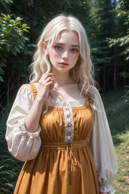 a young girl of 18 years, with , He has short, curly white hair.. she is very pretty, with Slavic skin and freckles, and she is wearing a long orange dress from the Victorian era. It is located on a hill, with raised hand, holding a medieval sword.