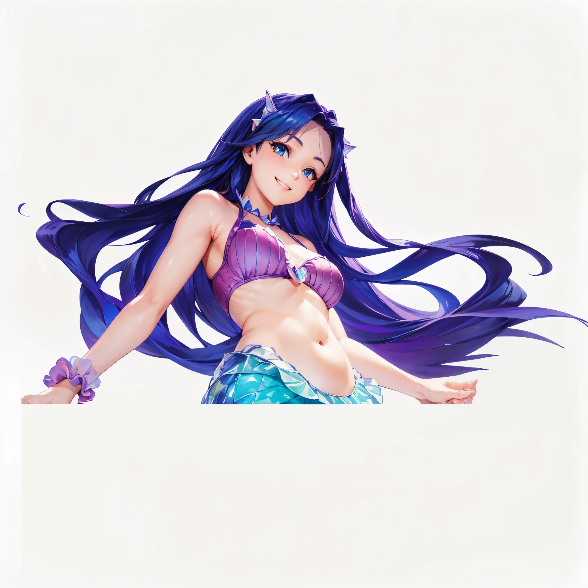 Digital art baby chibi style，masterpiece, best quality:1.2), 1 Girl,Pretty Face， Smile, Looking at the audience, Purple long hair，Pink swimsuit， , blue eyes, Mermaid, multicolored Mermaid tail, Lying on the beach, Fin ears, Head fin, shell, orchid