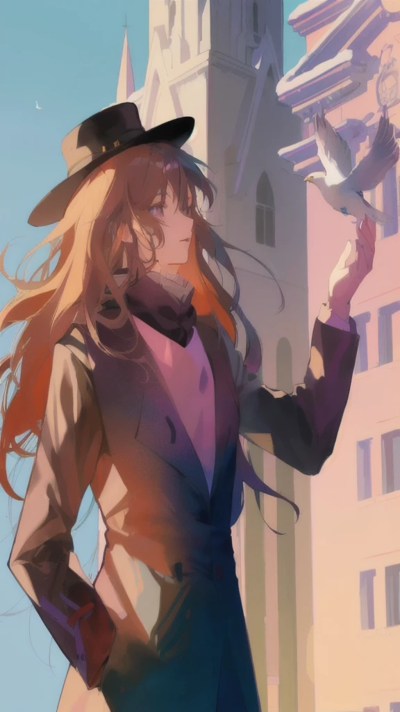 anime girl in a hat and coat holding a bird in her hand, zerochan art, by Kamagurka, marin kitagawa fanart, made with anime painter studio, inspired by Taiyō Matsumoto, painted in anime painter studio, delicate androgynous prince, artwork in the style of guweiz, from cryptid academia, zerochan