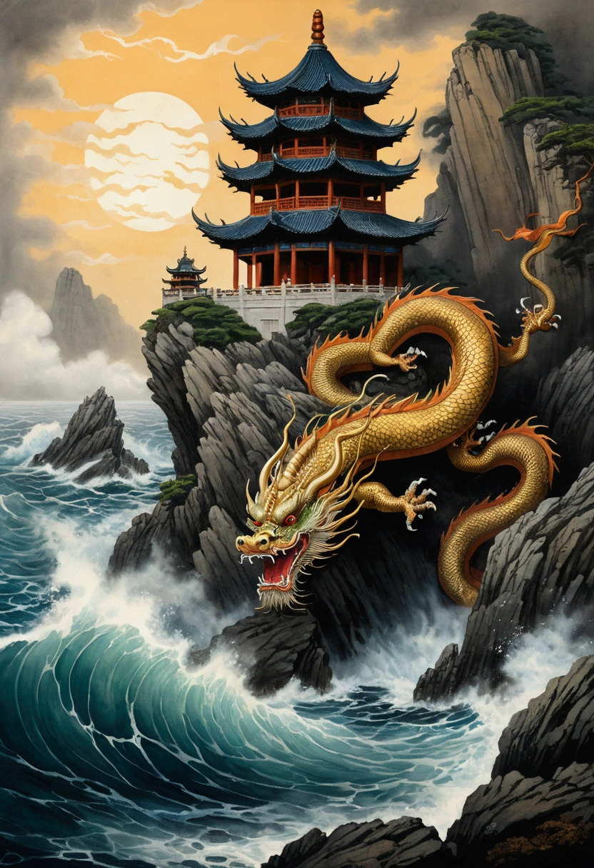 A Chinese dragon hovers over the sea cliff rocks. Beneath the sea cliff is a huge reef. The sea is characterized by choppy waves that jump back and forth. Not far behind the dragon stands an old pagoda-shaped building. The style is Chinese ink painting, a masterpiece, the dragon has an open mouth, sharp teeth, curled tail, flowing movements, glowing eyes, 8k