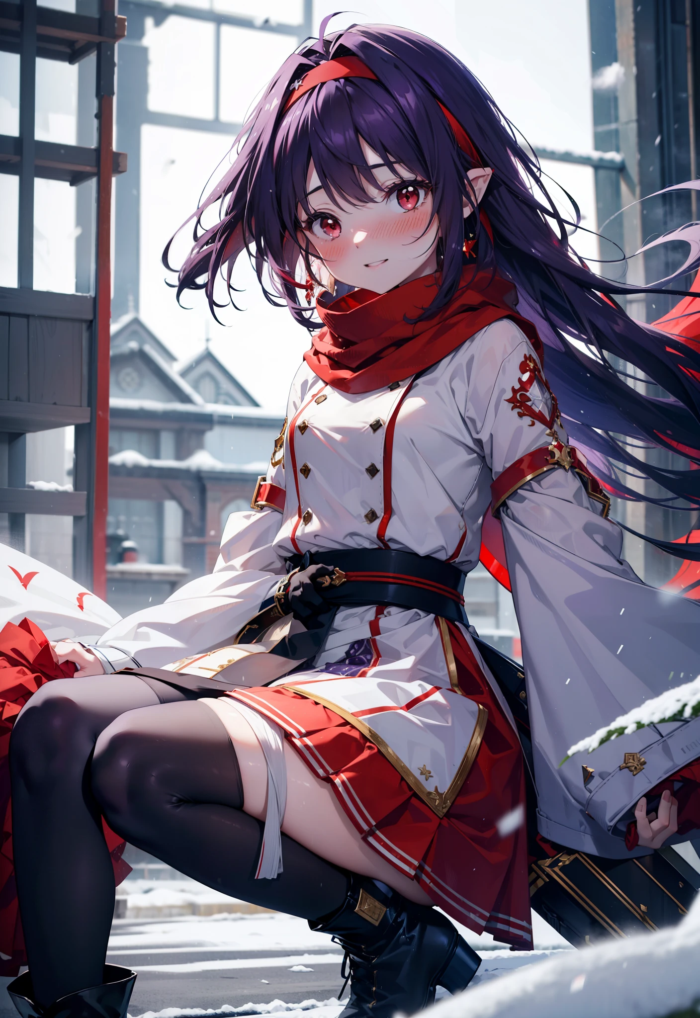 yuukikonno, Yuki Konno, hair band, Long Hair, Pointed Ears, Purple Hair,Ahoge, (Red eyes:1.5), (Small breasts:1.2),blush, smile,Open your mouth,white breath,Red Scarf,Purple long coat,Long skirt,Black Pantyhose,short boots,Snow is piling up,it&#39;s snowing,whole bodyがイラスト入るように,Walking,evening,sunset,
break outdoors, construction area,
break looking at viewer, whole body,
break (masterpiece:1.2), Highest quality, High resolution, unity 8k wallpaper, (shape:0.8), (Beautiful attention to detail:1.6), Highly detailed face, Perfect lighting, Extremely detailed CG, (Perfect hands, Perfect Anatomy),