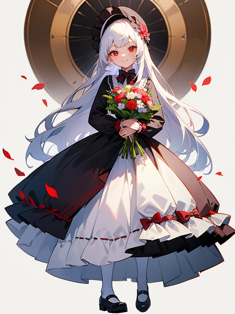 masterpiece, best quality, 1girl, solo, long_hair, looking_at_viewer, white hair, red eyes, smile, bangs, skirt, shirt, long_sleeves, hat, dress, bow, holding, closed_mouth, flower, frills, hair_flower, petals, bouquet, holding_flower, center_frills, bonnet, holding_bouquet, tachi-e, full body, white background, 