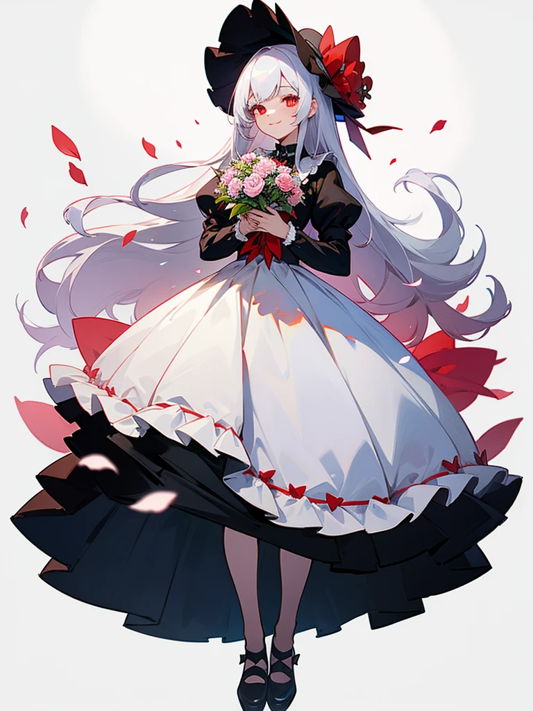 masterpiece, best quality, 1girl, solo, long_hair, looking_at_viewer, white hair, red eyes, smile, bangs, skirt, shirt, long_sleeves, hat, dress, bow, holding, closed_mouth, flower, frills, hair_flower, petals, bouquet, holding_flower, center_frills, bonnet, holding_bouquet, tachi-e, full body, white background,