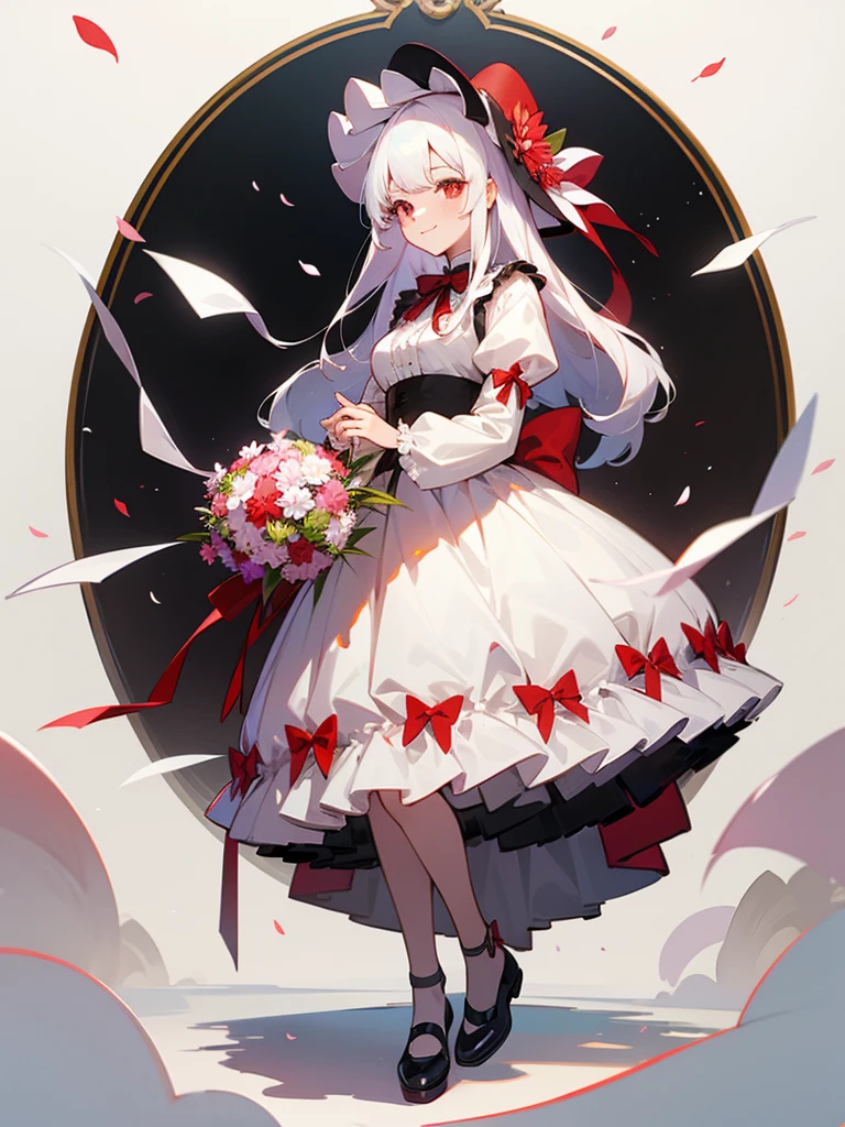 masterpiece, best quality, 1girl, solo, long_hair, looking_at_viewer, white hair, red eyes, smile, bangs, skirt, shirt, long_sleeves, hat, dress, bow, holding, closed_mouth, flower, frills, hair_flower, petals, bouquet, holding_flower, center_frills, bonnet, holding_bouquet, tachi-e, full body, white background,