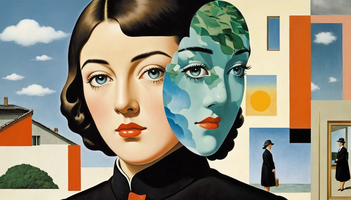 rene magritte，Multi-layer collage，有一张女人脸的拼贴paintingpainting，There are many different things on the face，Geometric Dislocation，拼贴painting，Artistic sense，，painting，simple，