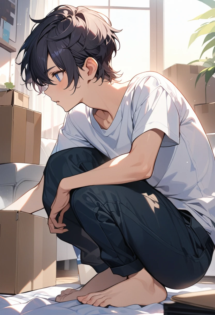 masterpiece, best quality, extremely detailed, ultra detailed, flat anime, 2D,
((1boy)),black hair, (short hair:1.5),blue eyes, height 1.7meters,  (circle eyes:1.2),  (young adult:1.2), Ear-length sideburns,
long Sleeves, White T-shirt, barefoot, ((short sleeves)), ((long pants)),
squatting, looking away, expressionless,open mouth, full body,from side,
summer, 12AM, livingroom,organizing the boxes., I'm looking at the material in my hand.