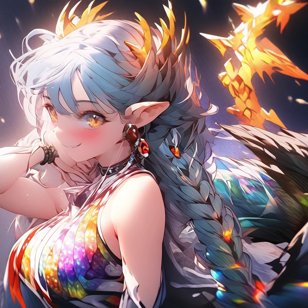 (beautiful and aesthetic:1.2), (1girl), extreme detailed,(fractal art:1.3), icon, cute young girl, light blue hair, long hair, small braids hair, yellow eyes, elf ears, dragon tail, dragon thorn, muscular body, big breast, smile, cute pose