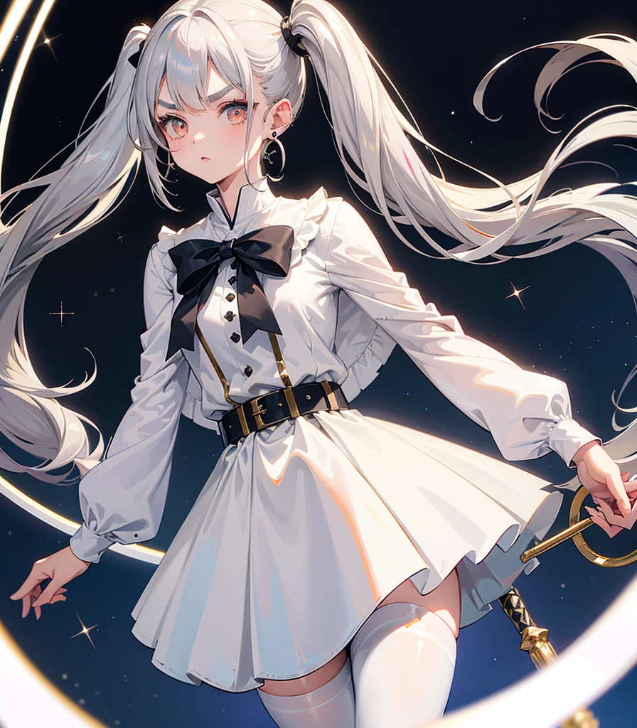 ((Highest quality)), ((masterpiece)), (detailed), Long Hair, Gray Hair, Twin tails, Pointed Ears, Earrings, Thick eyebrows, White capelet, Striped shirt, Long sleeve, belt, White Skirt, Black Pantyhose High resolution Holding a walking stick magic circle Beam from a wand Streaks of Light Shining Edges Shining Background