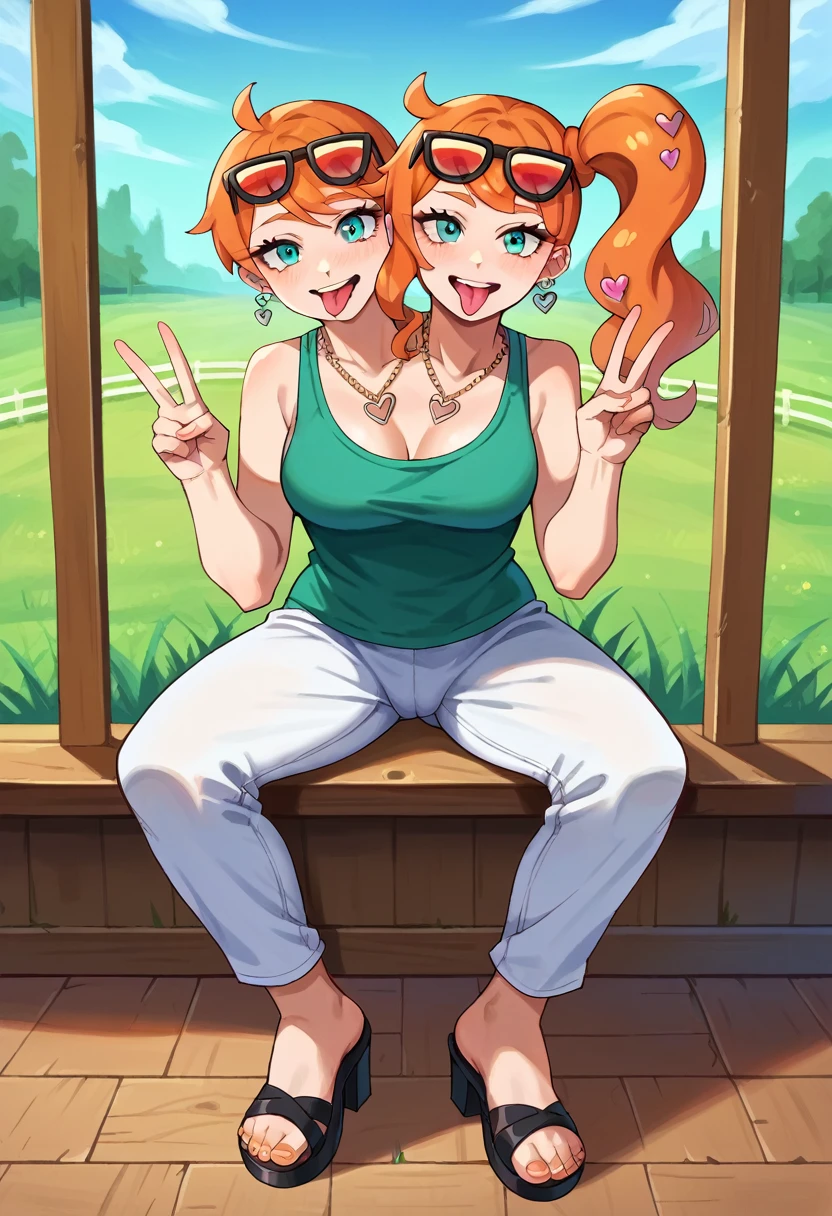 score_9, score_8_up,score_7_up, source_anime,1girl, solo, EPpkSonia,conjoined, two heads, peace sign, sticking tongue out, orange hair, side ponytail, aqua eyes, long hair, eyewear on head, sunglasses, heart hair ornament,, necklace, ear piercing, green tanktop, white pants, high heel sandals, sitting on wooden floor, british apartment, grassy fields outside window