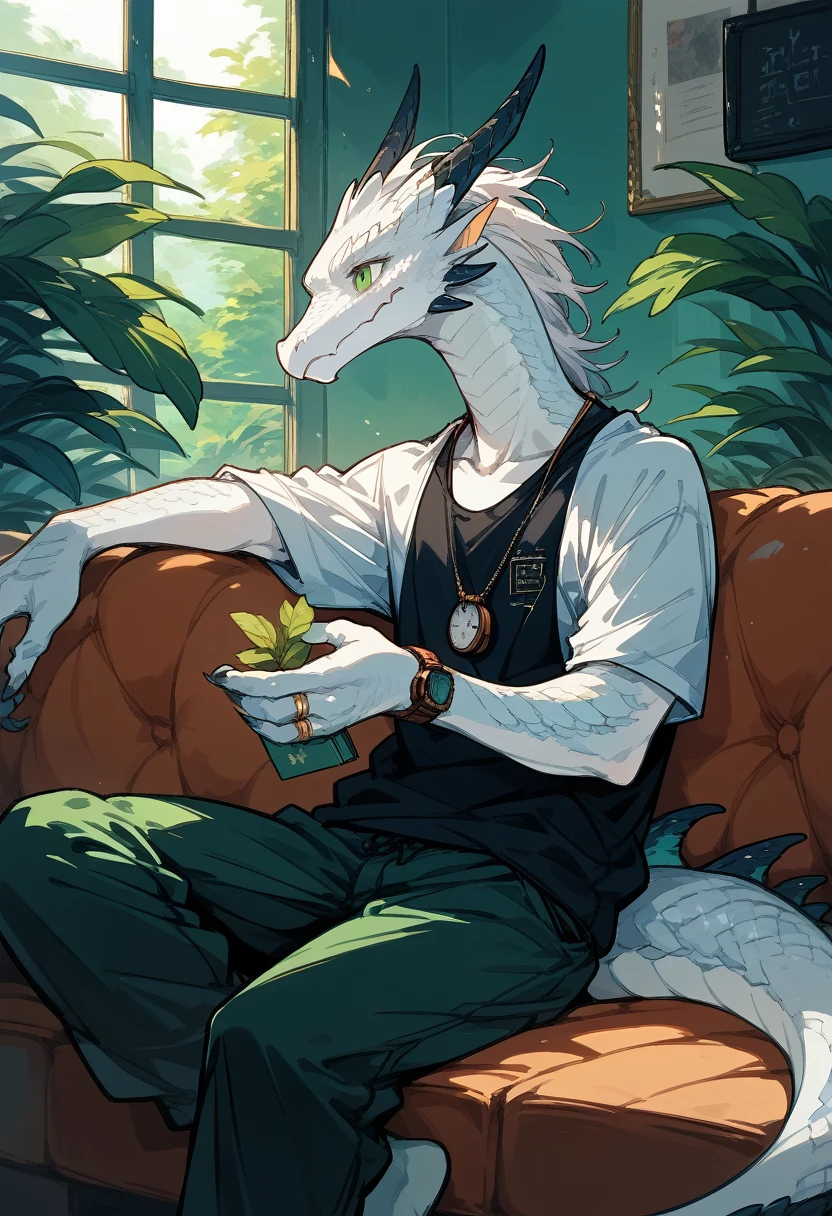 Oriental White Dragon(Species),Casual wear,Dark green eyes,Fit body,Dark personality,Holding a pocket watch,Sitting on the sofa,Holding the ring