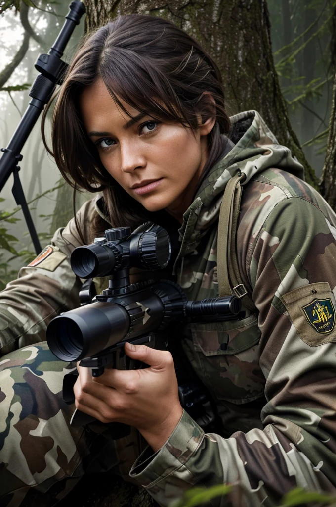 "A highly detailed image of a sniper in camouflage gear, perched in a tree with a high-powered rifle, focusing through the scope. The background is a dense forest with a misty atmosphere, and the sniper's face is partially visible, showing intense concentration."