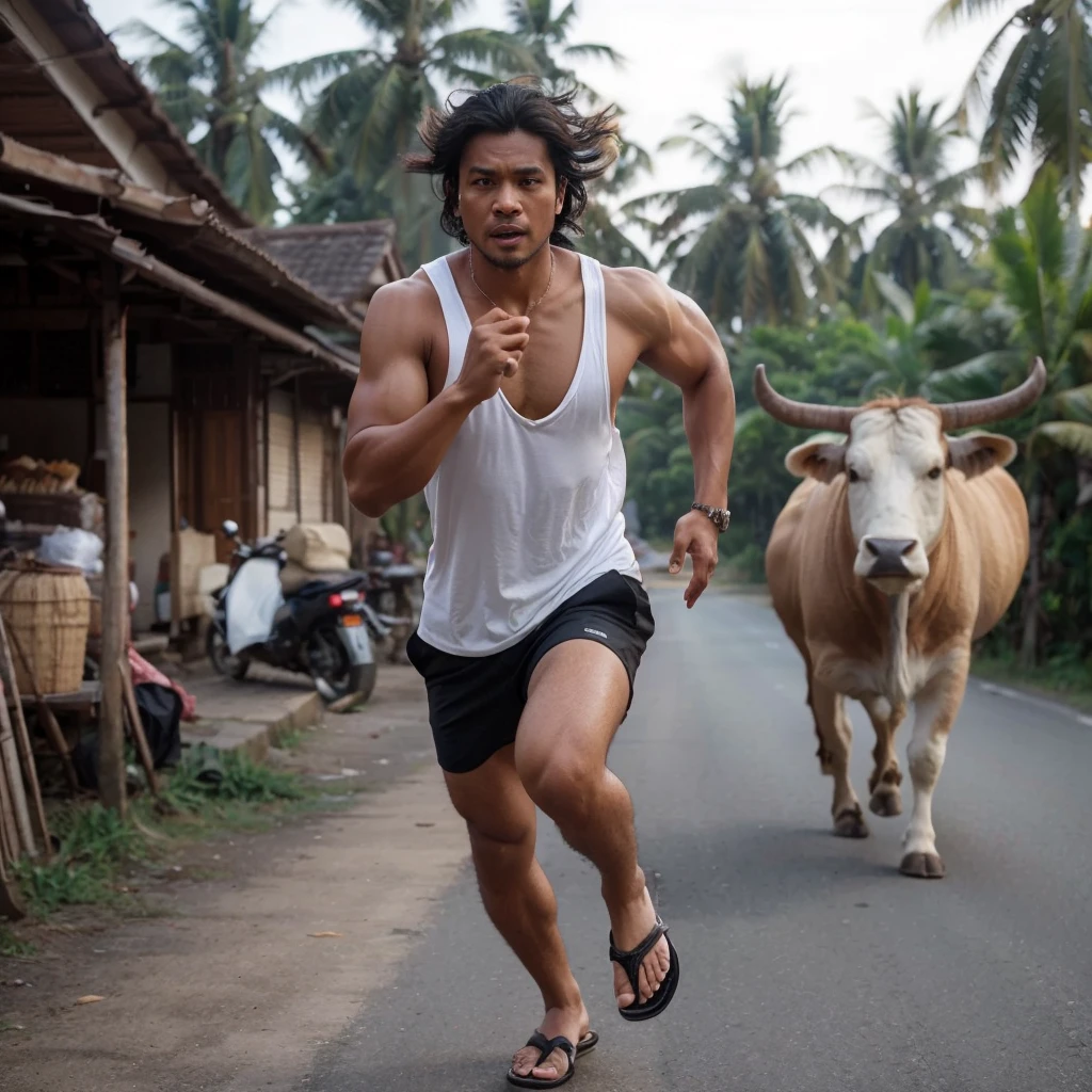 A handsome 30-year-old Indonesian man with layered hair, wearing a white tank top, black shorts, and flip-flops, is running with a terrified expression. Behind him, a large bull is chasing him. The background features a village road with coconut and banana trees.