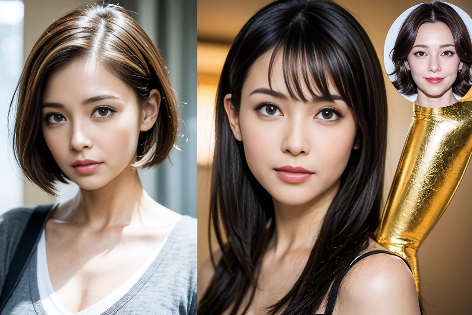(Realistic:1.2),(masterpiece,Highest quality),8k,((2人のwoman)),40 years old,Tight waist,Big Hips,Perfect Anatomy, Brown Hair, Short Hair,Random Hairstyles,((Highly detailed face and eyes:1.2))(Cute Face:1.4),Beautiful actress face,Perfect golden ratio face,woman'suit、Nice,(smile:1.2)、