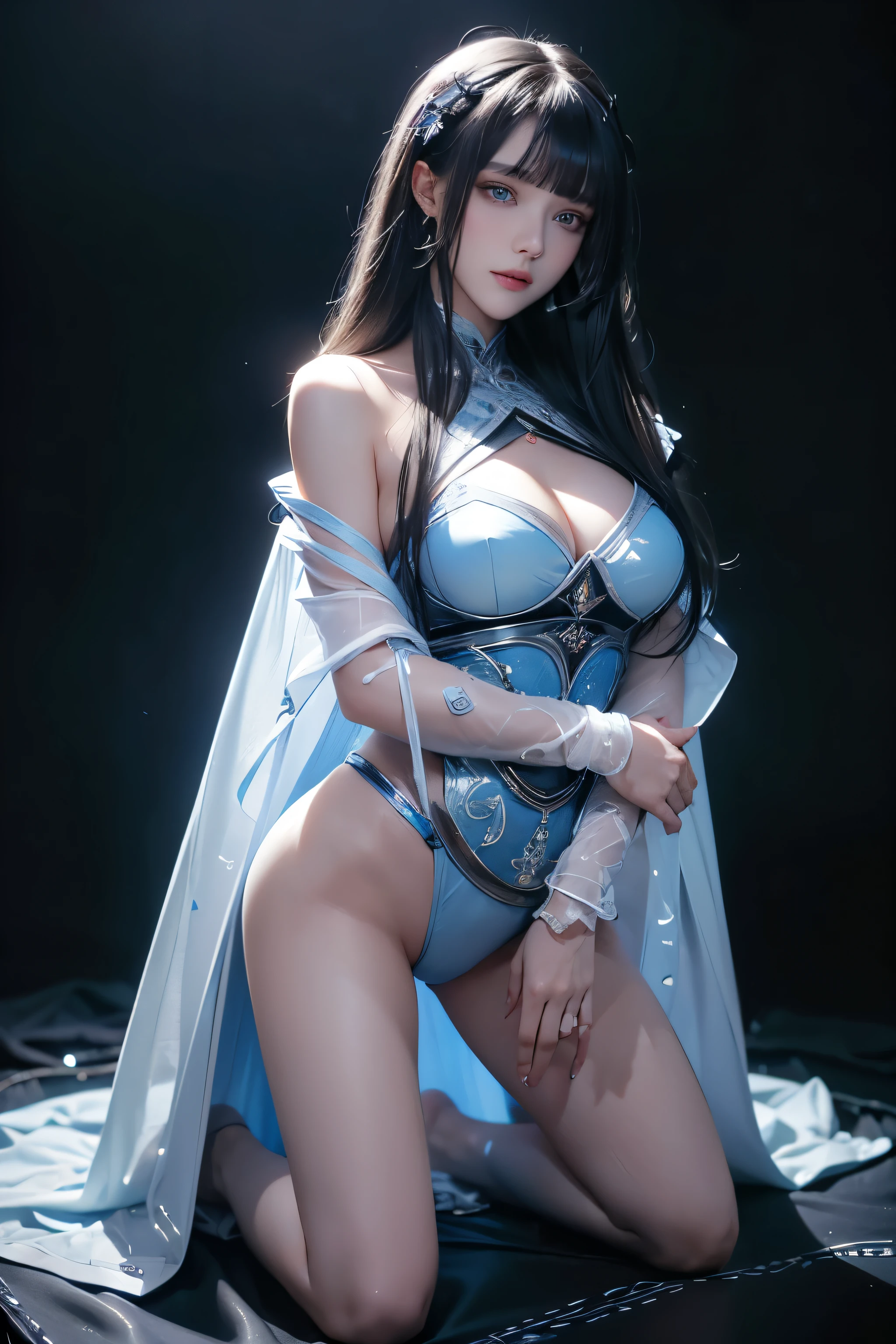 1girl, Full figure, seven -clinging shooting, 18 years old, wearing transparent science fiction clothes, exquisite faces, details, hands, ultimate details, amazing magnificence, ((LED internal lighting)), Pedaipan style, fiber hair, (glowing blue iris), (glowing blue iris), sitting, ((sexy girl)), (smile), (pussy girl, girl spreading legs, leg lift)