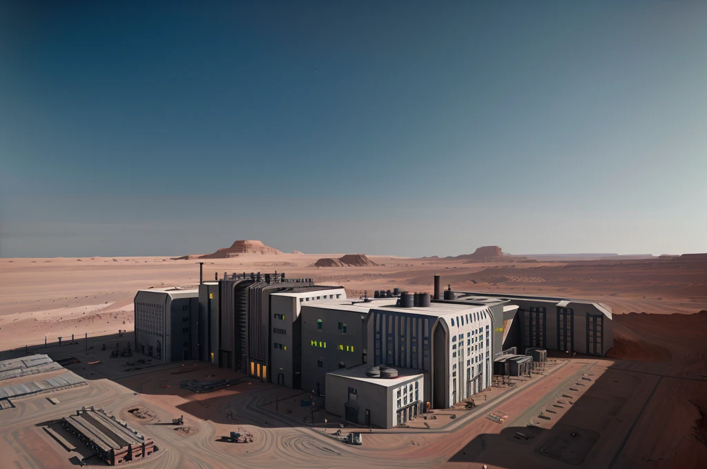 Building of a factory on Mars, technology industry, highly detailed industry architecture, futuristic architecture, intrincate architecture details, metal details lifelike, ultra-realistic, bright, bird's-eye view, ultra-wide angle, high reality, light and dark, cinematic, color grade, cinematographic shot