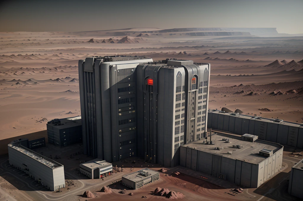 Building of a factory on Mars, technology industry, highly detailed industry architecture, futuristic architecture, intrincate architecture details, metal details lifelike, ultra-realistic, bright, bird's-eye view, ultra-wide angle, high reality, light and dark, cinematic, color grade, cinematographic shot
